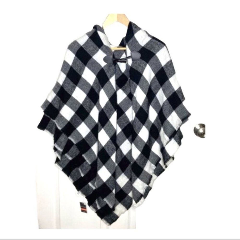 Check Plaid Shawl Poncho Black White New Hooded